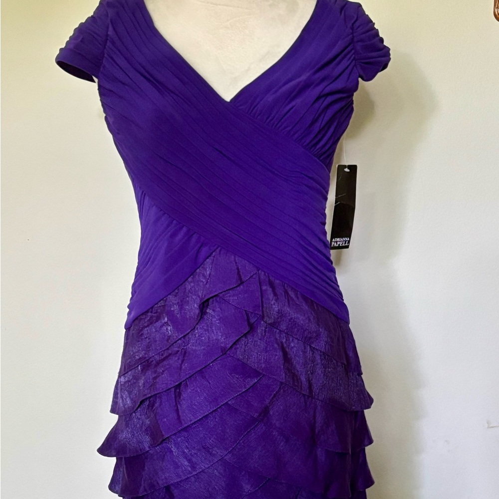 NWT Adrianna Papell Vibrant Purple Midi Cocktail Bodycon Dress w Ruffle Skirt